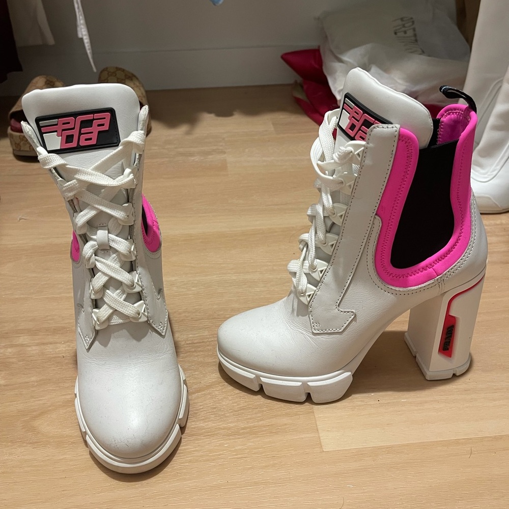 Prada White Neon Pink Neoprene Boots